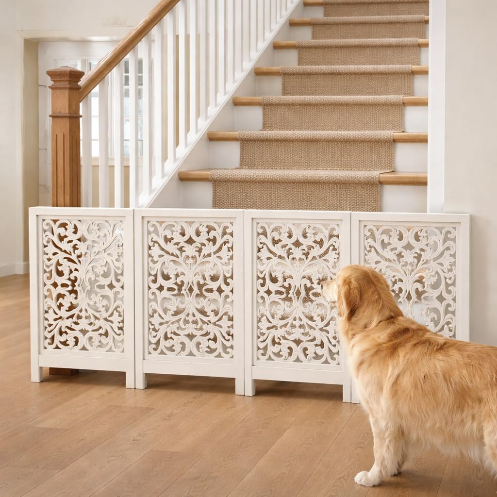 Free Standing Dog Gate – 4 Panel Foldable Wooden pet gate Indoor 72" W x 24" H, Hand-Carved Solid Wood & MDF, Portable Indoor Gate for Doorways, Halls, Stairs – Fully Assembled, Antique White