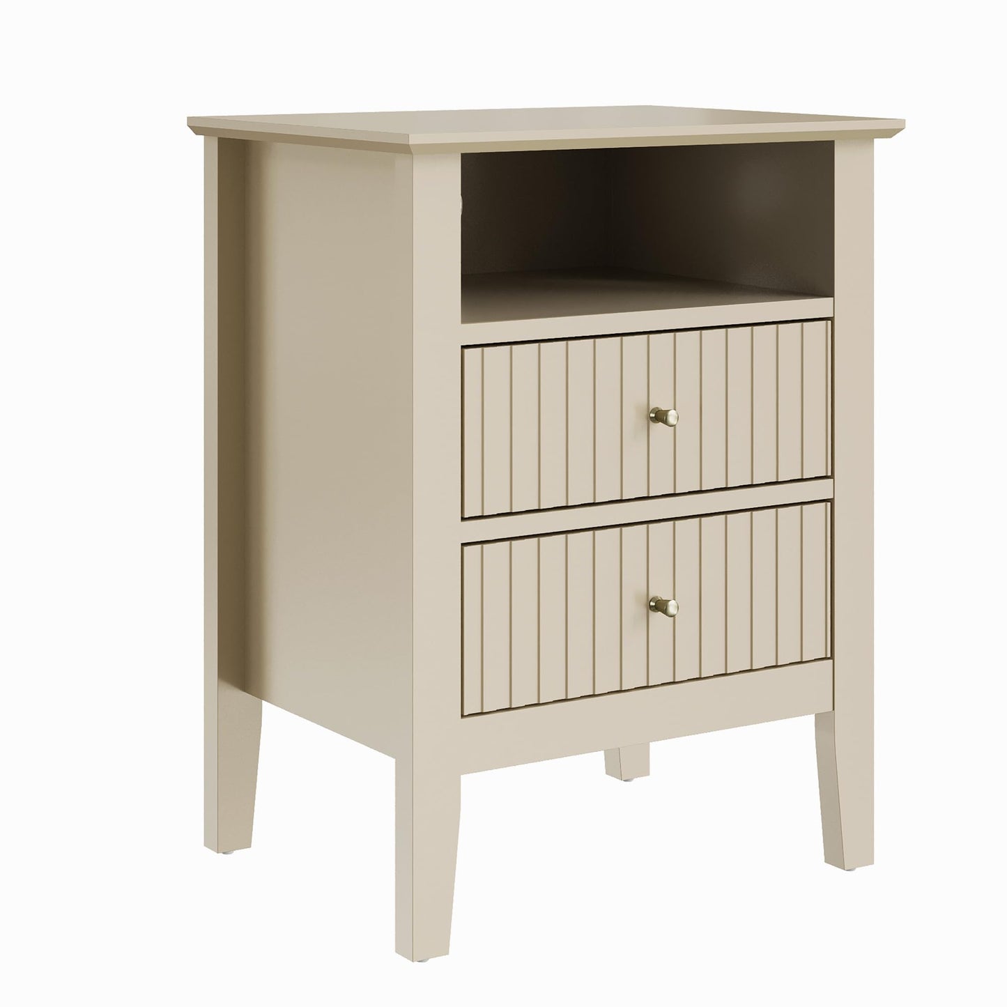 May in Color Beige Fluted Nightstand with 2 Drawers Set of 2, Modern Wooden Sofa Table with Storage for Small Spaces, Tall End Table for Bedroom,Living Room