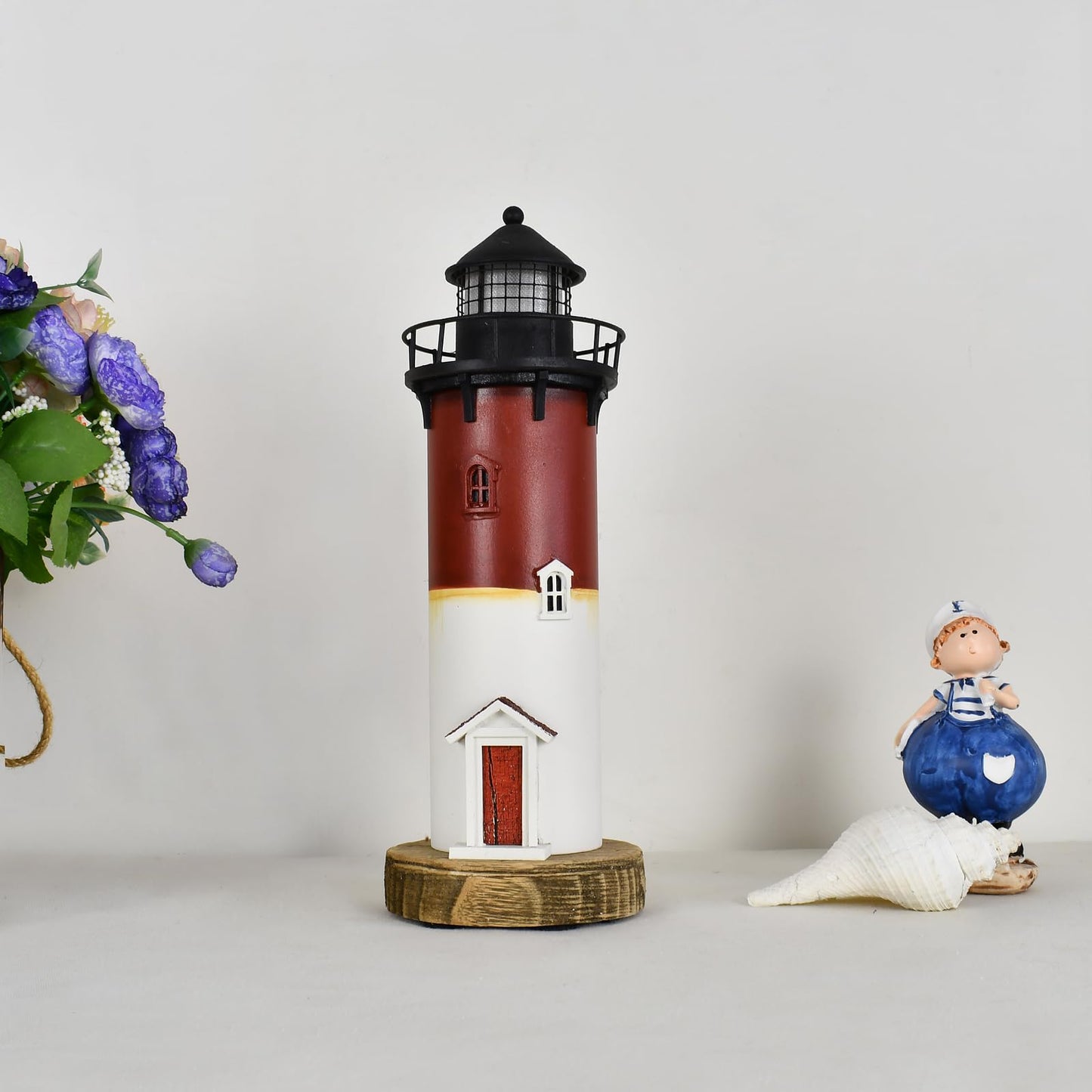 Linfevisi Wooden Lighthouse Decor with Light Tabletop Nautical Decor Solid Wood Light Houses Statue Figurines Inside Standing Coastal Beach Decorations Ocean Sea Theme Home Decor Bathroom 12.2 Inch
