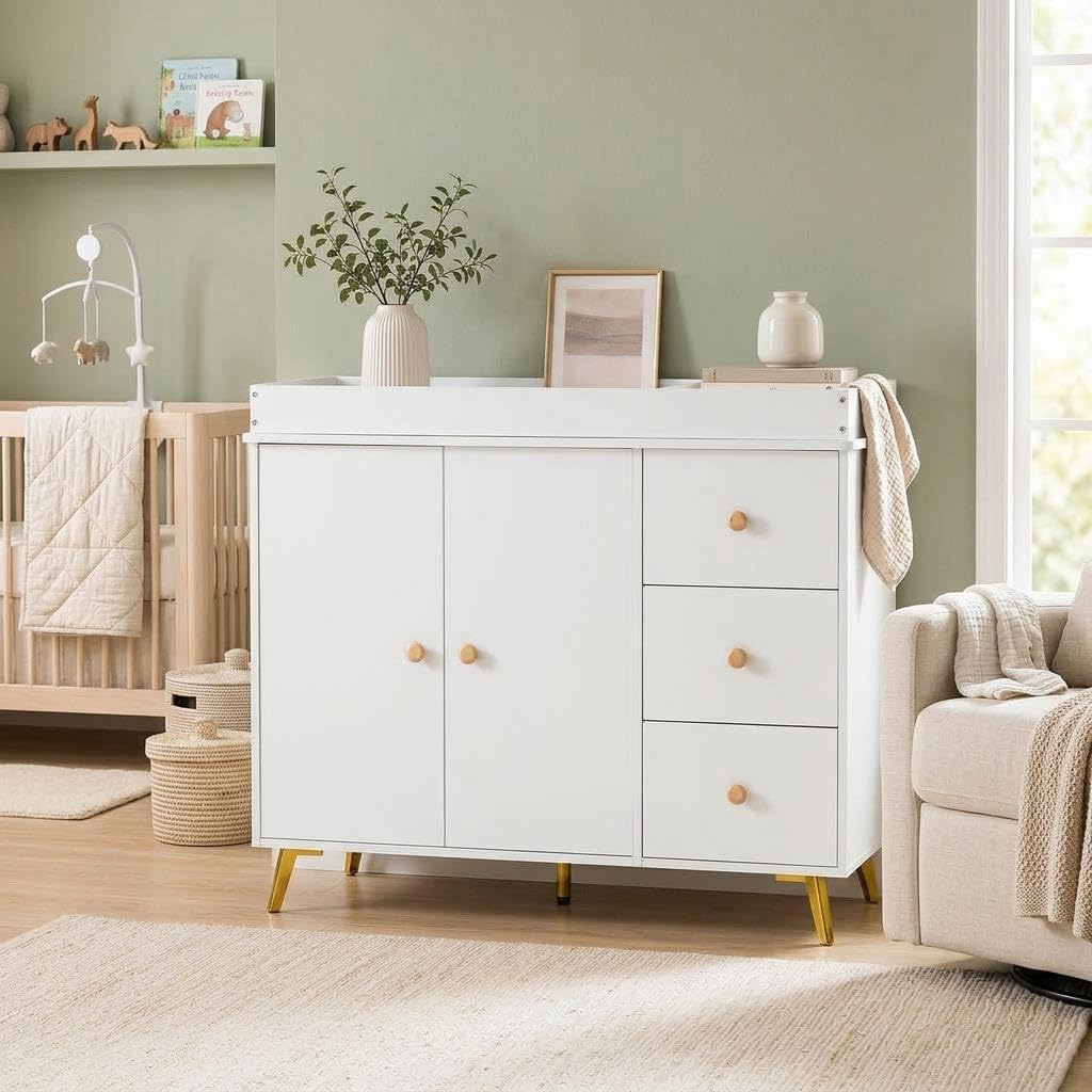 Garvee Baby Changing Table, White Wooden Dresser with 3 Drawers and Cabinet