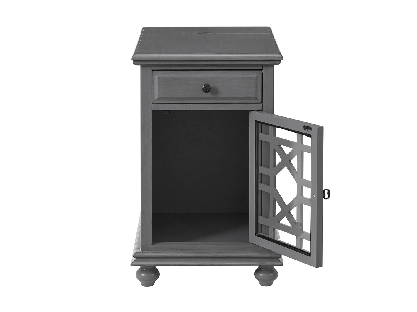 Martin Svensson Home Elegant Chairside End Table with Power — 24″W x 16″D x 25″H, Gray — Transitional Painted Accent Table with Flip-Top USB Charging, Drawer & Cabinet Storage