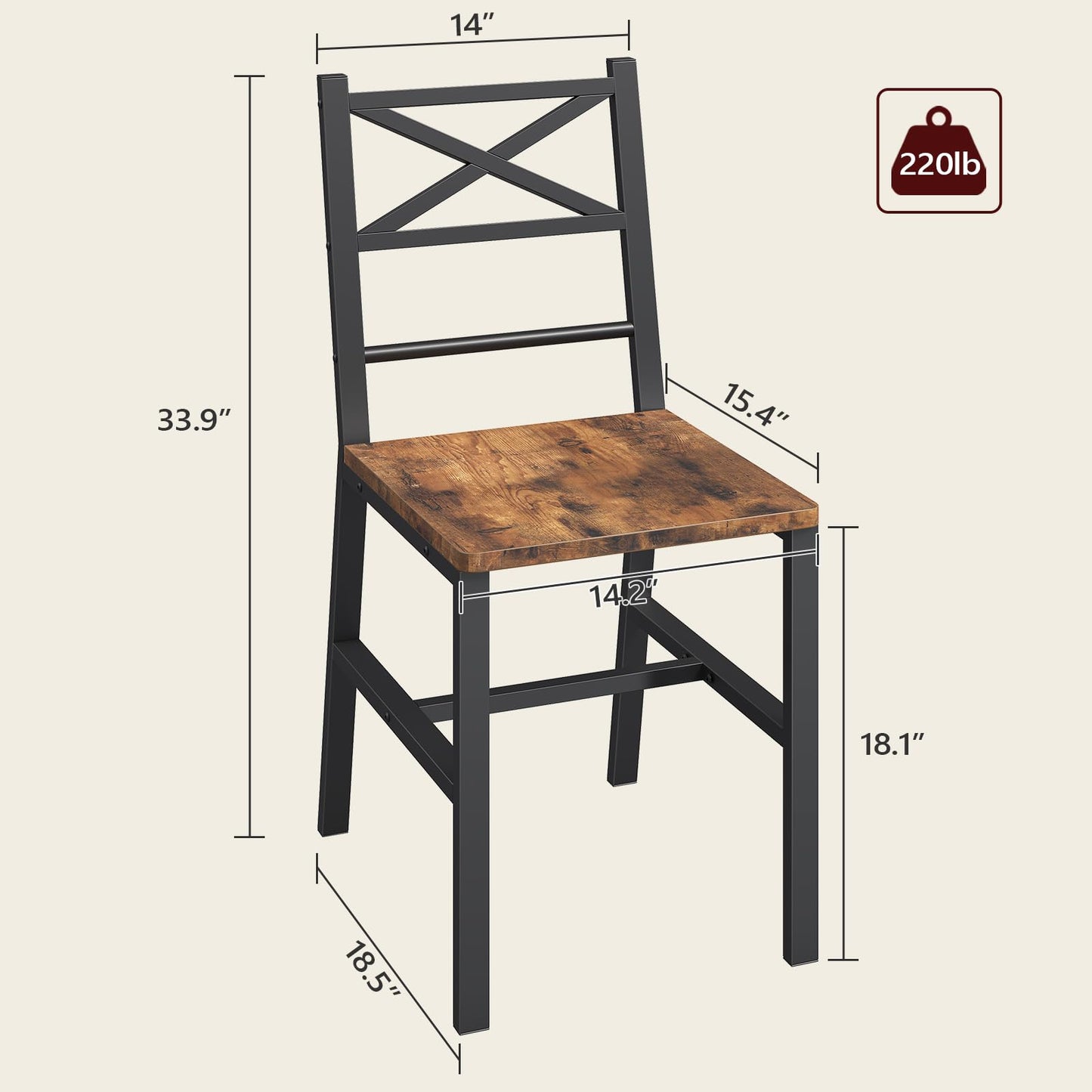 MAHANCRIS Dining Chair Set of 2, Rustic Wooden Kitchen Chairs with Backrest, Farmhouse Dining Chairs for Kitchen, Industrial Style Chair with Metal Frame, Easy Assembly, Rustic Brown TBHR1001