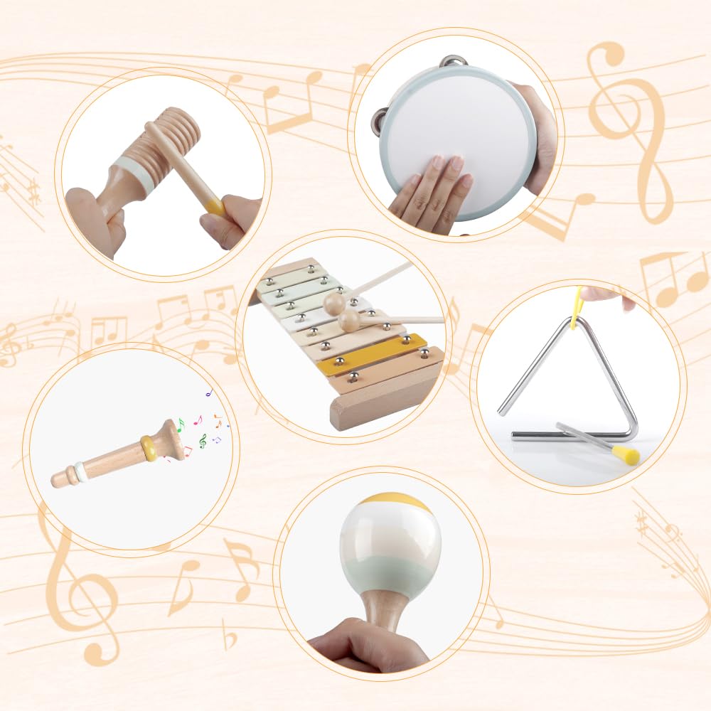 Baby Musical Instruments-Montessori Wooden Toys for Toddlers,Neutral Colors Percussion Instruments Set with Modern Boho Xylophone for Kids Preschool Educational (Neutral)