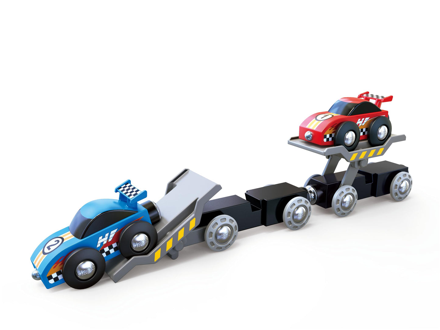 Hape Race Car Transporter | Six-Piece Wooden Toy Train Car Transport Set for Kids