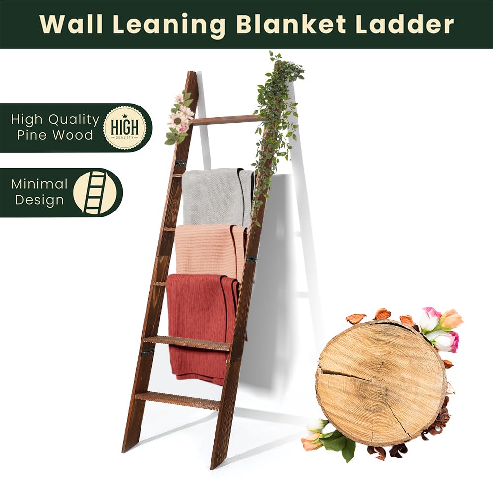 TotsNjoy Wooden Blanket Ladder for Living Room 6-Tier, Decorative Ladder Blanket Rack & Quilt Ladder Decor, Rustic Farmhouse Wood Ladder, Anti-Slip Sturdy Blanket Holder, 68 Inch Tall, Rustic Brown