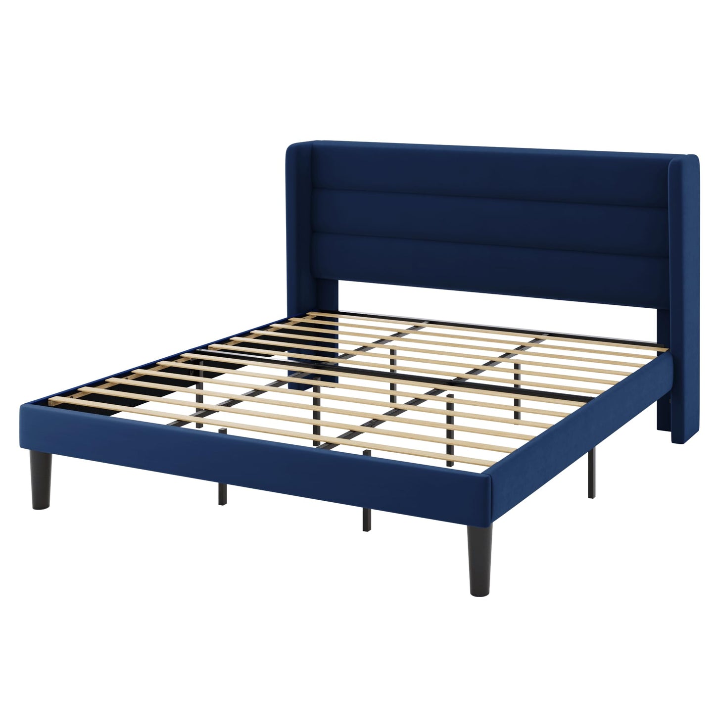 Allewie King Size Platform Bed Frame with Velvet Upholstered Wingback Headboard, No Box Spring Needed, Under Bed Storage Space, Wooden Slats, Modern Mattress Foundation, Easy Assembly, Blue