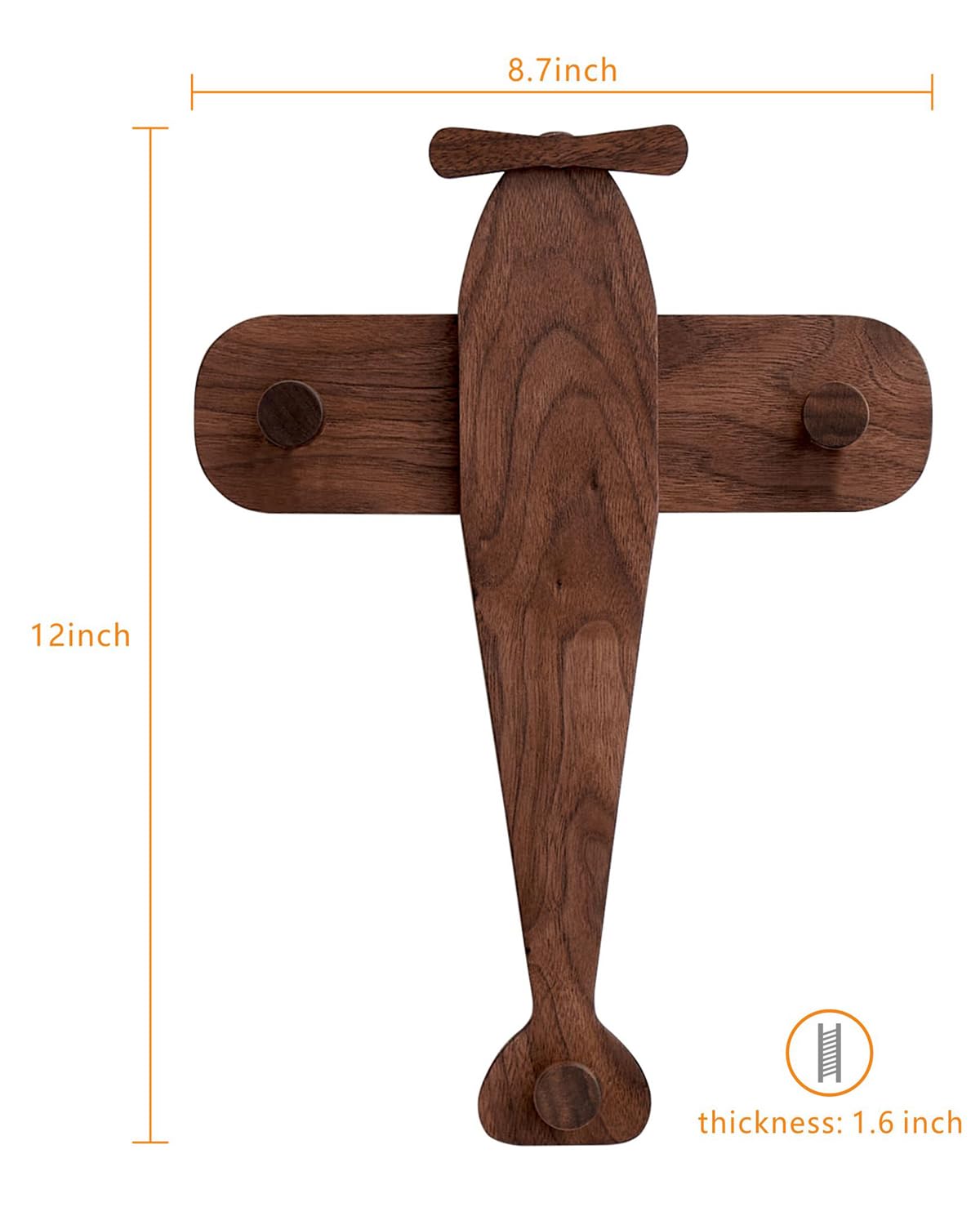Vinoil Kids Coat Rack Wall Mount, Airplane-Shaped Wooden Wall Coat Hooks for Kids, Cute Walnut Coat Hanger Heavy Duty for Bathrooms, Door, Entryway, Kids Room, or Nursery