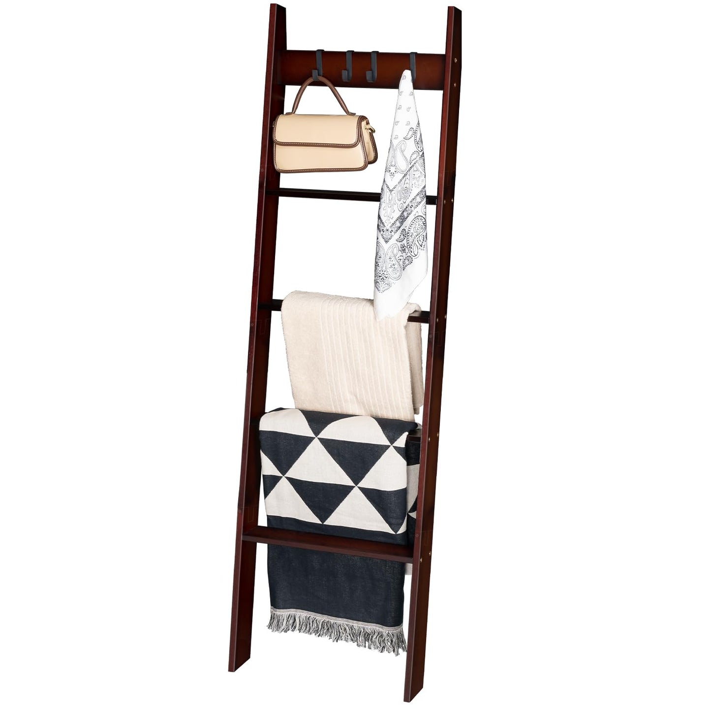 HOOBRO Blanket Ladder for Living Room and Bedroom, 5-Tier Wall Leaning Towel Rack for Bathroom, Decorative Ladder Shelf with 4 Removable Hooks, Farmhouse Blanket Storage, Brown BR51CJ01G1