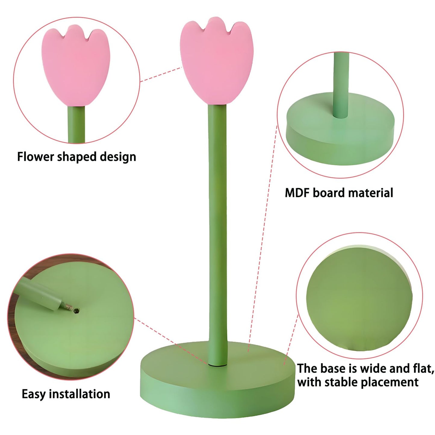 Paper Towel Holder Countertop, Cute Decorative Wooden Standing Paper Towel Roll Holder for Kitchen Bathroom, Bars & Dining Tables (Pink Flowers)