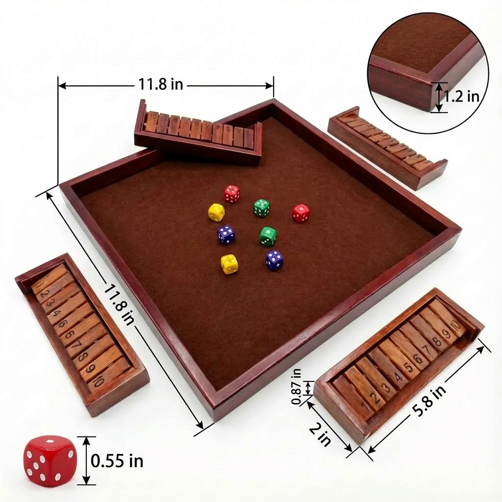 MoodLife Shut The Box Dice Game, Wooden 4 Player Board Game with Dice, Classic Family Tabletop Number Game for Kids Adults, Travel Pub Bar Party Game, Math Learning Gift