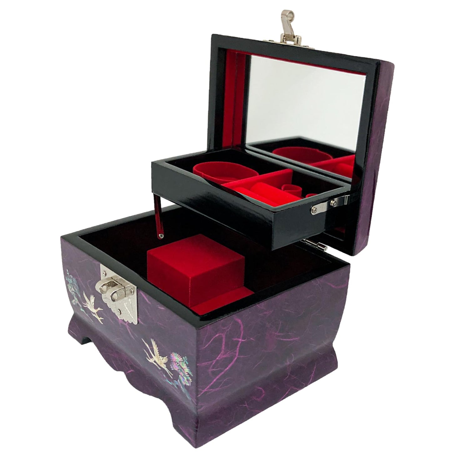 Fun-Store Nacre Inlay Mother of Pearl Music Jewellery Storage Chest Wooden Box Crane with Pin Tree Design Jewelry Mirror Box Keepsake Treasure Gift Box Trinket Case Organizer (Purple)