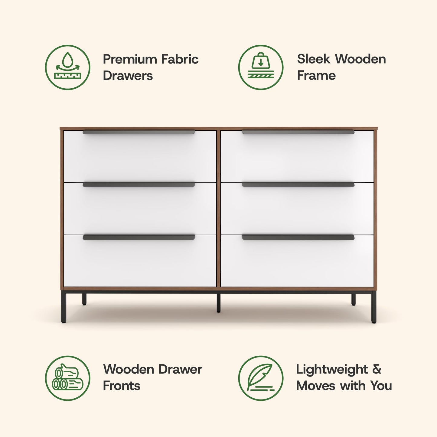 tinge Lira Premium 6-Drawer Fabric Dresser - Engineered Wood Frame, Reinforced Sag-Resistant Drawers, Elegant Metal Handles, Luxury Home Storage Solution (Dark Brown)