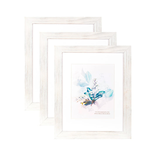 KAIWIN 100% Solid Wood White 11x14 Picture Frame 3 Pack Display Picture 8x10 with Mat, Rustic Wooden Photo Frames for Wall Mounting