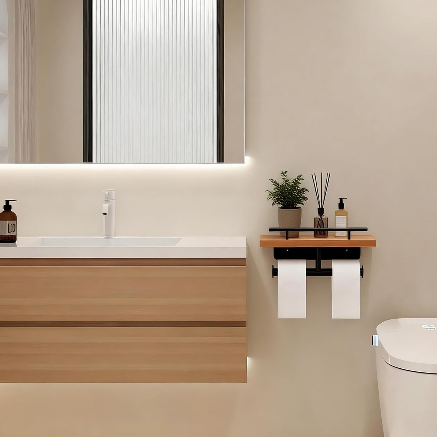 Toilet Paper Holder with Wood Shelf, Wall Mount Toilet Paper Roll Holder with Wooden Shelf and Matte Black Stainless Steel Pipe, Tissue Roll Holder for Bathroom Washroom (Light Brown, 13.8'' x 5.9'')