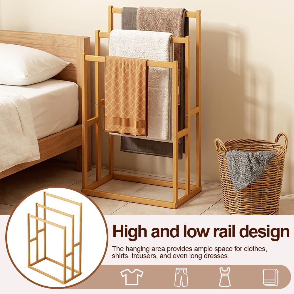 ETOYA Freestanding Wooden Towel Rack with 3 Crossbars, 3-Tier Decorative Blanket Ladder Display Stand, Drying Storage Organizer, Towel Holder for Bathroom, Living Room, Bedroom, Pool & Laundry Area