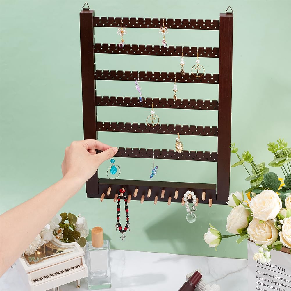 PH PandaHall Wall-Mounted Wooden Jewelry Rack, Wood Hanging Earring Holder Organizer Earring Studs Display Rack for 155 Pairs Earrings Stud Earring Home Boutique Jewelry Storage, Coconut Brown