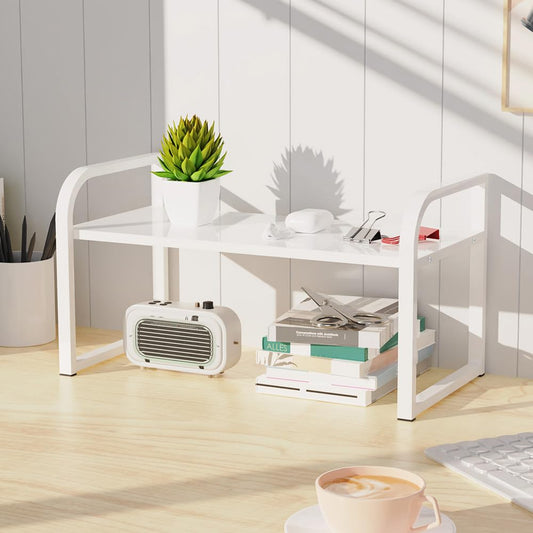 Office Desk Shelf Organizer, Wood Desktop Bookshelf Supplies Storage Rack, Shelf for Top Desk Dresser and Cubicle Decor Bookshelf Monitor Stand Riser (White White-single Tier, 11.81 Lx7.87 Wx8.46 H)