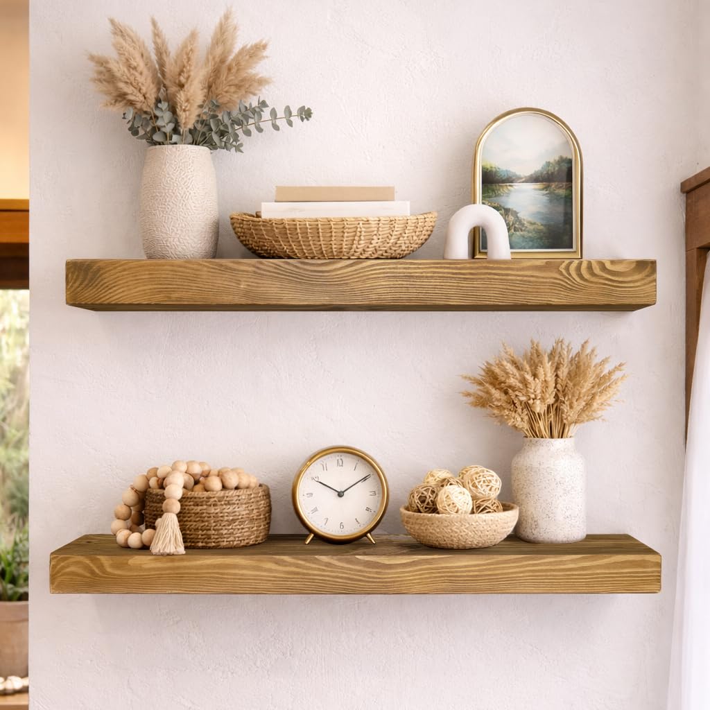BANFFLOW 30 Inch Rustic Wood Floating Shelves for Wall, 8.66 Inch Deep Solid Wood Wall Shelf with Heavy Duty Hidden Bracket, Golden Oak, 30 × 8.66 × 2.28, for Living Room Bathroom Bedroom, Set of 2
