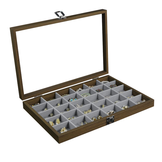 Stratalife 30 Grid Wood Jewelry Organizer with Clear Lid: Vintage Jewelry Tray for Earrings, Rings, Necklaces, Bracelets Jewelry Storage with Removable Velvet Dividers for Dresser & Vanity, Gray