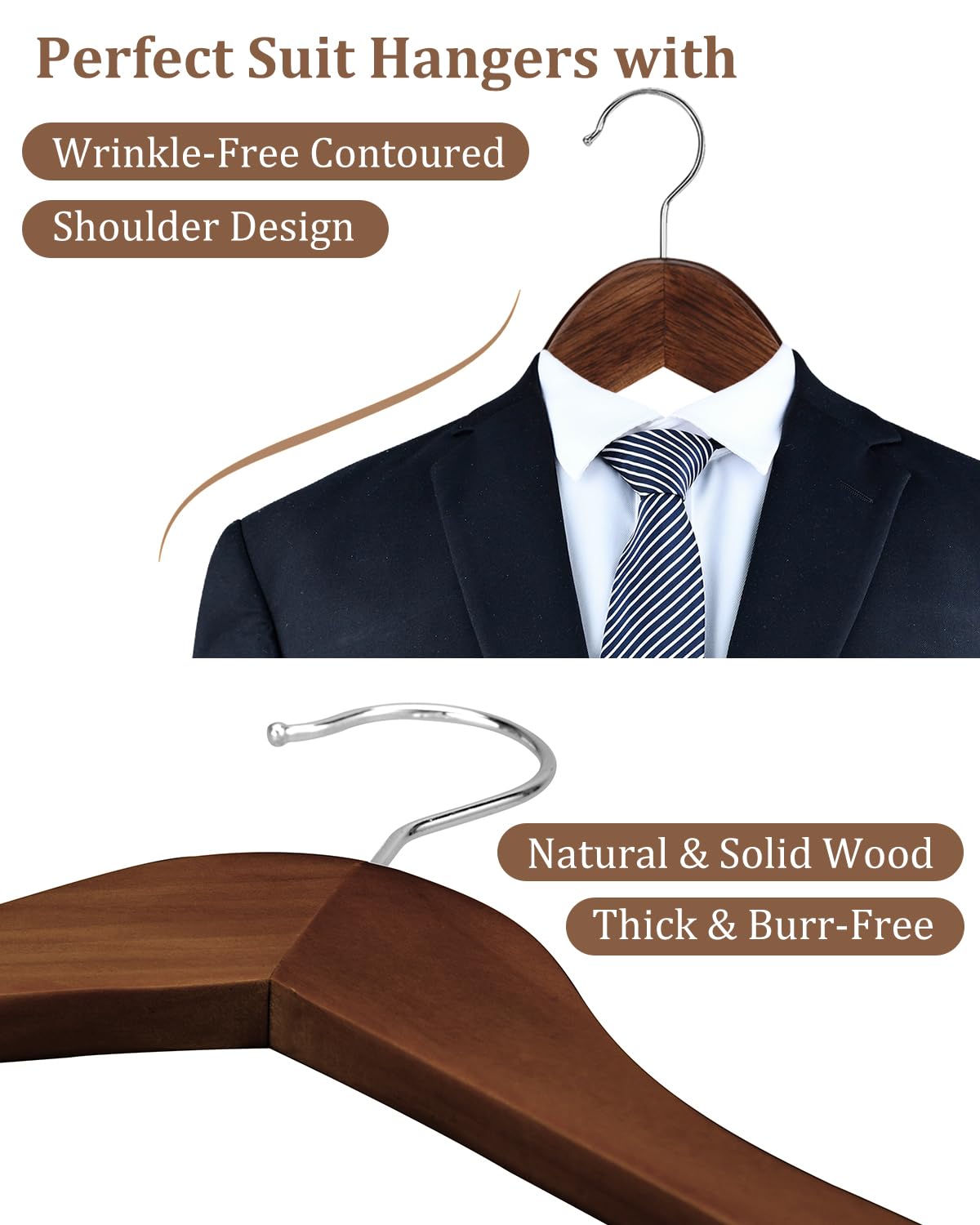 AMKUFO Wooden Hangers 20 Pack Wood Suit Hanger Non Slip Coat Hangers with Smooth Fnish Cut Notches 360° Swivel Hook Clothes Hangers for Jeans Pants Jackets Shirts Dresses, Walnut