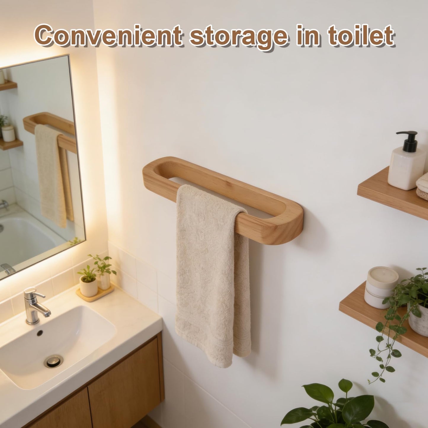 Towel Holder, Bamboo Towel Rack, Wall Mounted Towel Bar for Bathroom and Kitchen, Natural Wooden Decorative Towel Rail(Natural)