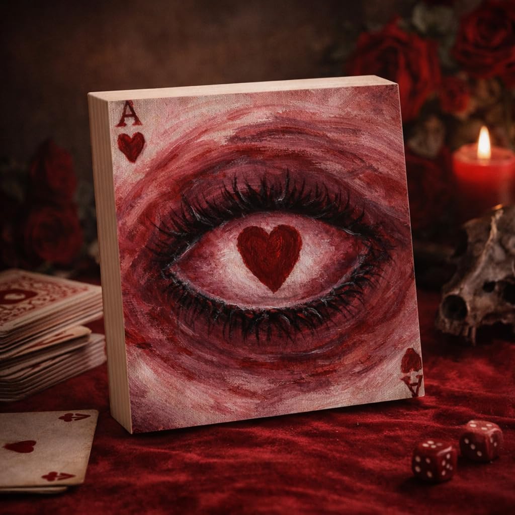 Surreal Eye Wooden Block Sign, Heart Eye Art Painting, Playing Card Heart Dark Romantic Symbolic Decor Shelf Sitter, Artistic Home Table Mantel Tiered Tray Unique Gift