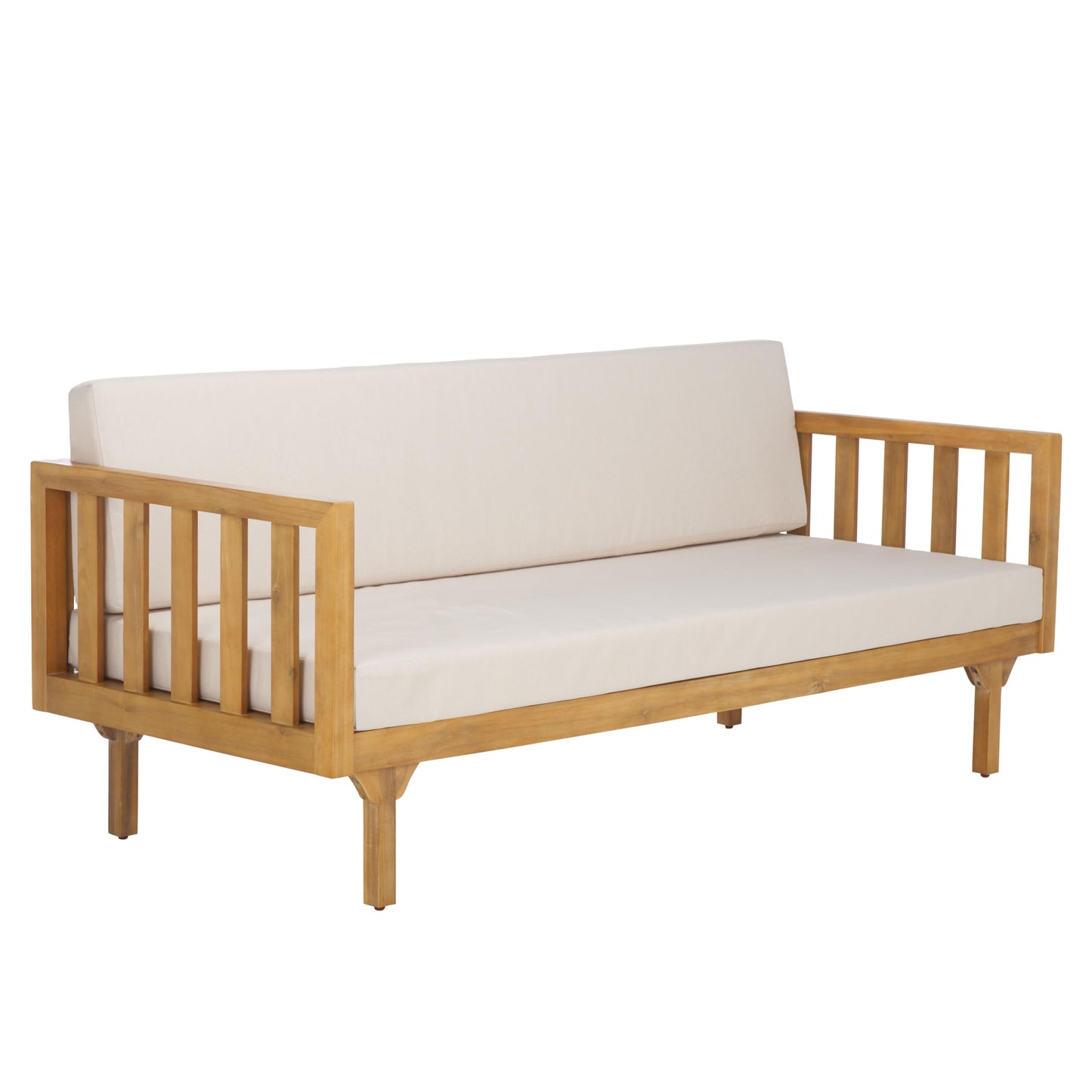 SAFAVIEH Outdoor Patio Furniture Collection - Napoli Oak Brown & Cream 3-Seater Wooden Bench with Cushions, Modern Slatted Design (PAT6804B)