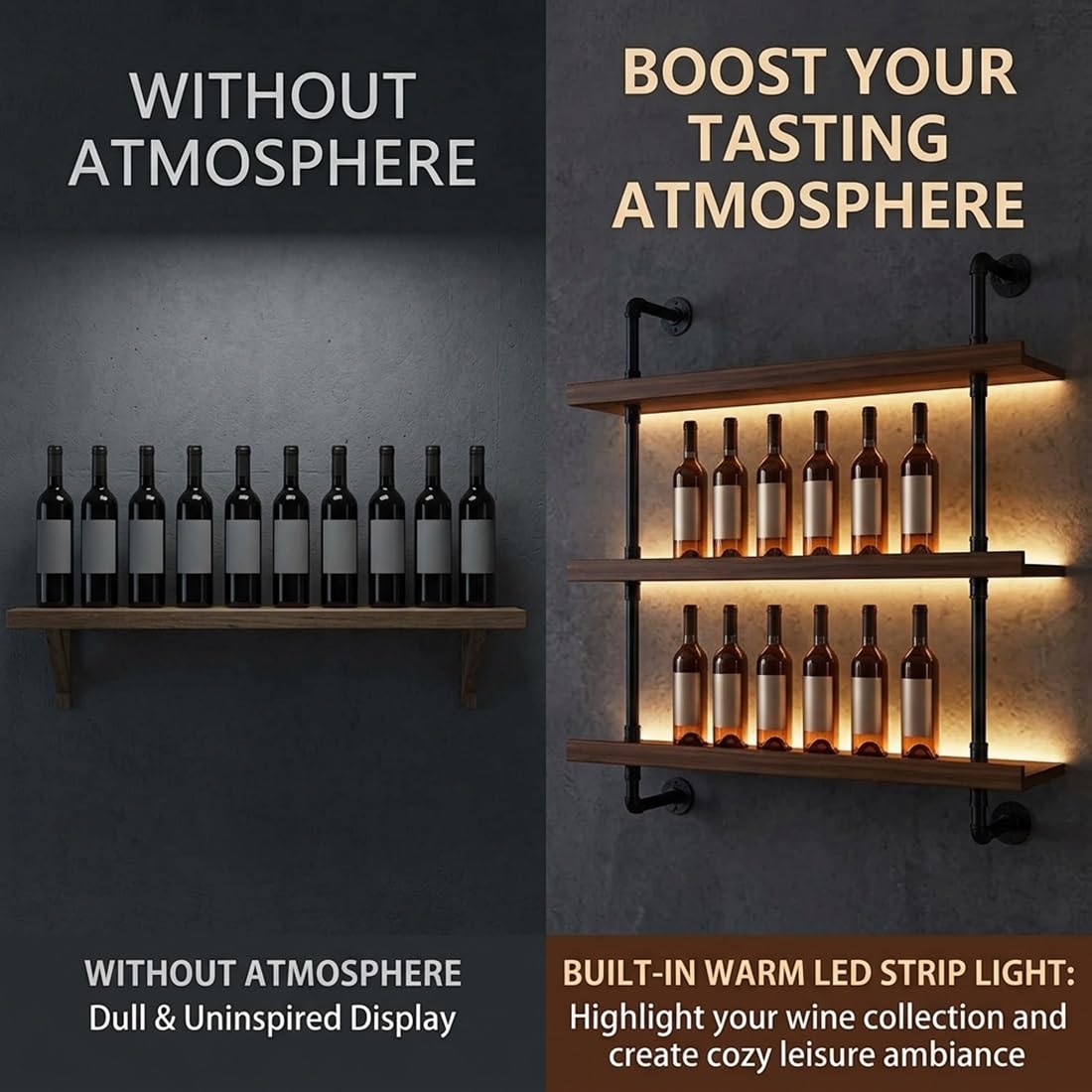 Solid Wood Wine Racks Wall Mounted with LED Lights, Modern Metal Wine Bottles Display Shelf, Industrial Iron Floating Lighted Bar Liquor Whiskey Shelves Rack for Home & Dining Room(100CM/39.3IN)