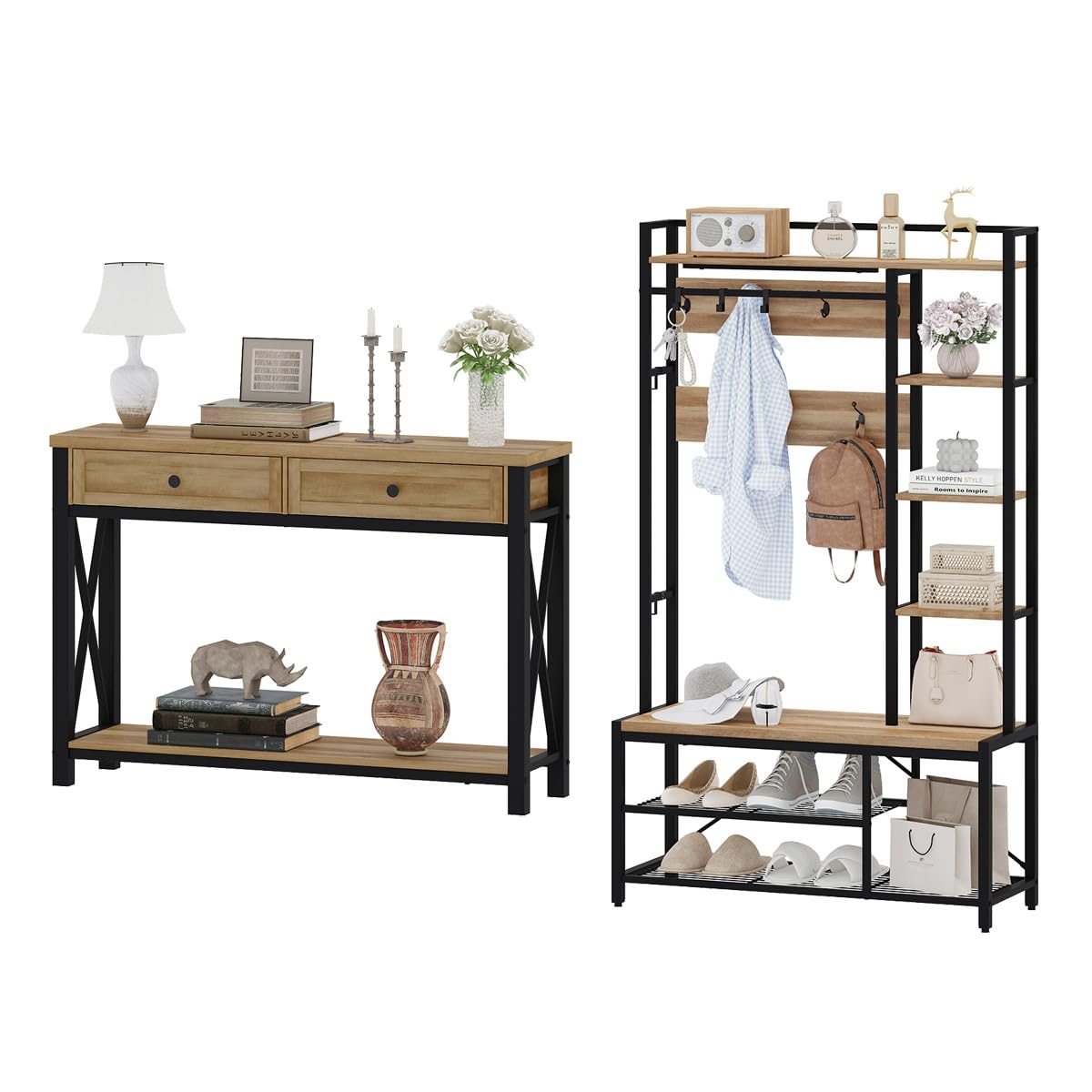 BON AUGURE 2-Piece Entryway Furniture Set, Console Table with Drawer and Coat Rack Hall Tree with Bench for Hallway or Living Room