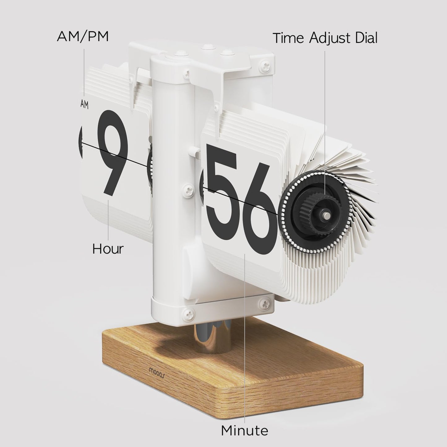 mooas Classic Modern Wood Mini Flip Desk Clock (White), Retro Vintage Analog Design Auto Flip Clock Table Clock Large Number Battery Powered, Ideal for Home Office School Hotel Café