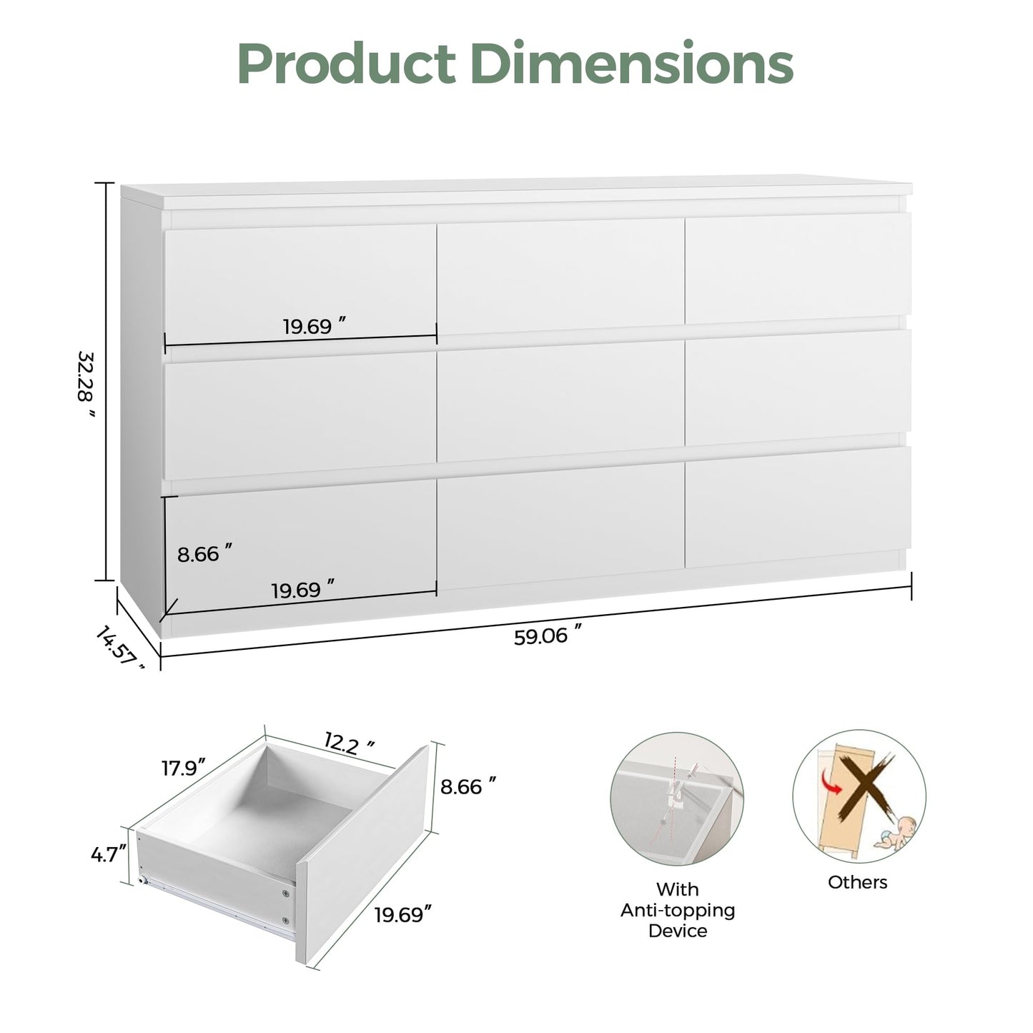 Jocoevol Modern White 9 Drawer Dresser for Bedroom, Simply Chest of Drawers, Wood Storage Dresser with Deep Drawers for Living Room Hallway Entryway (White)
