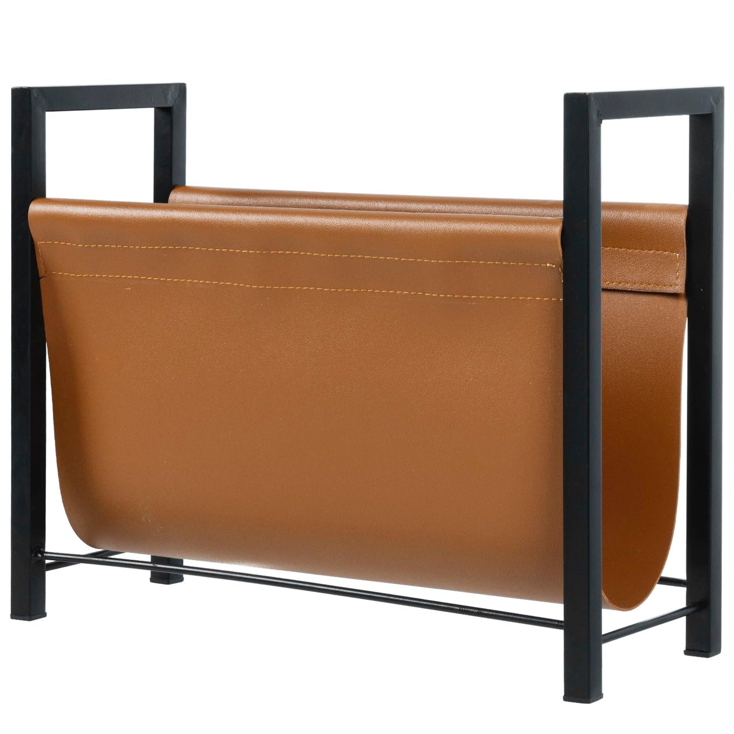 MyGift 15 Inch Modern Caramel Leatherette Magazine Holder with Rectangular Black Metal Frame, Floor Standing Faux Leather Book Storage Newspaper Rack, Home Bathroom Decor