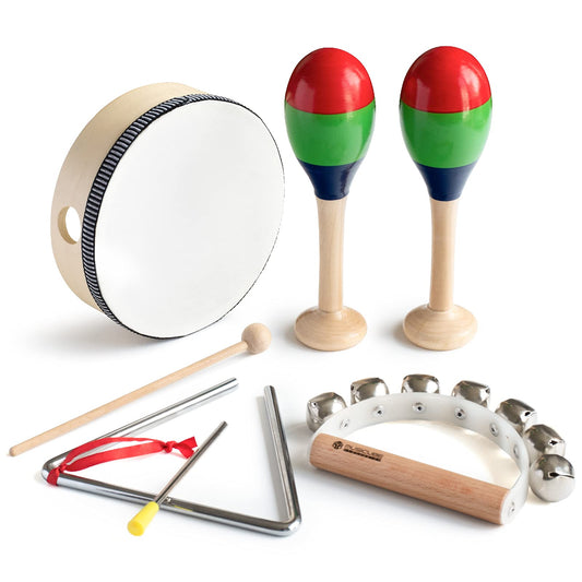 MUSICUBE 7 Pcs Musical Instrument Toys Set for Kids Wooden Percussion Instrument with Hand Drum, Maracas, Triangles, Hand Bell Educational Instrument for Toddler Birthday Gift for Boys Girls Aged 3+