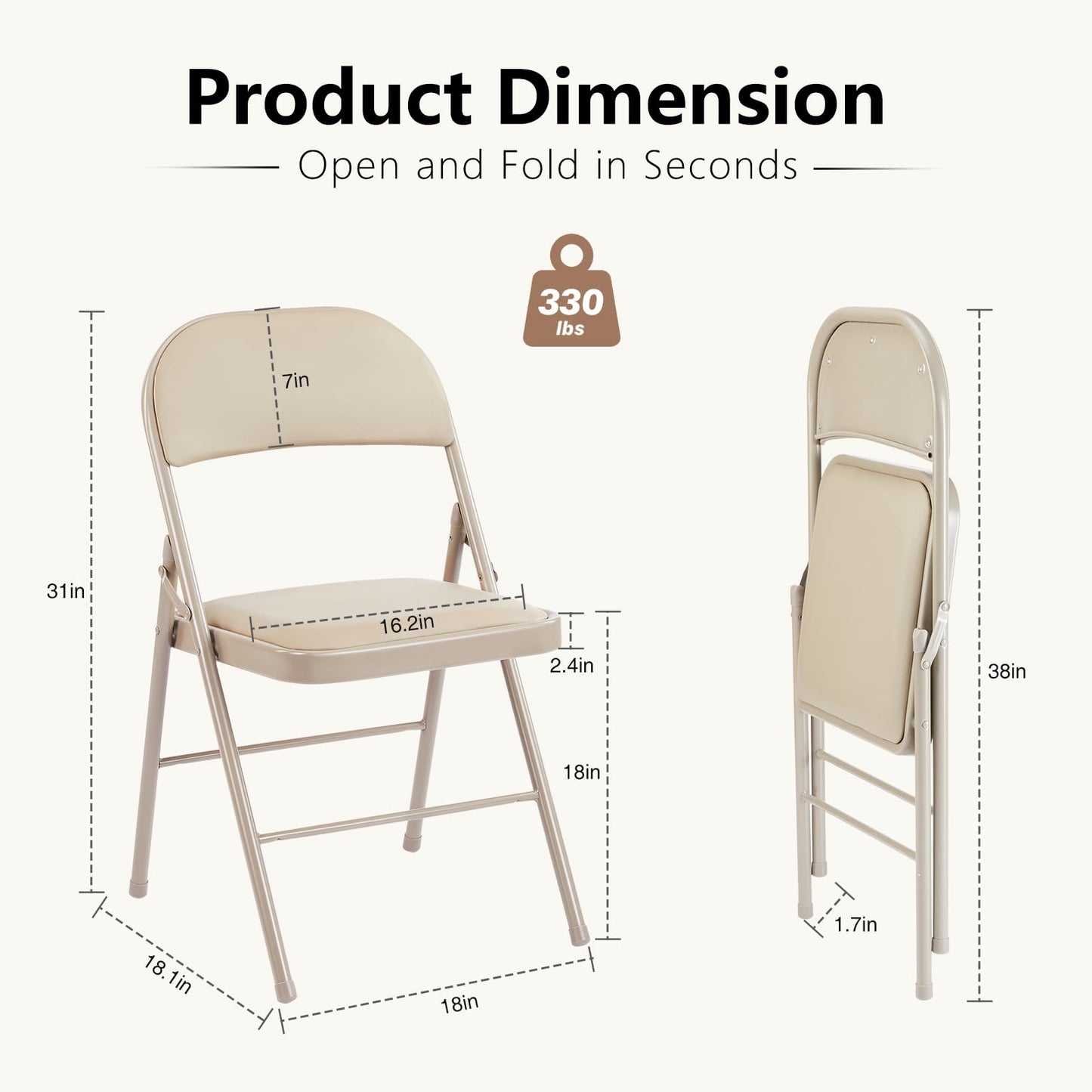 DUMOS 4 Pack Leather Padded Folding Chair, Indoor Outdoor Portable Stackable Commercial Seat with Steel Frame, Capacity for Home, Office, Party, Comfy, Kahki