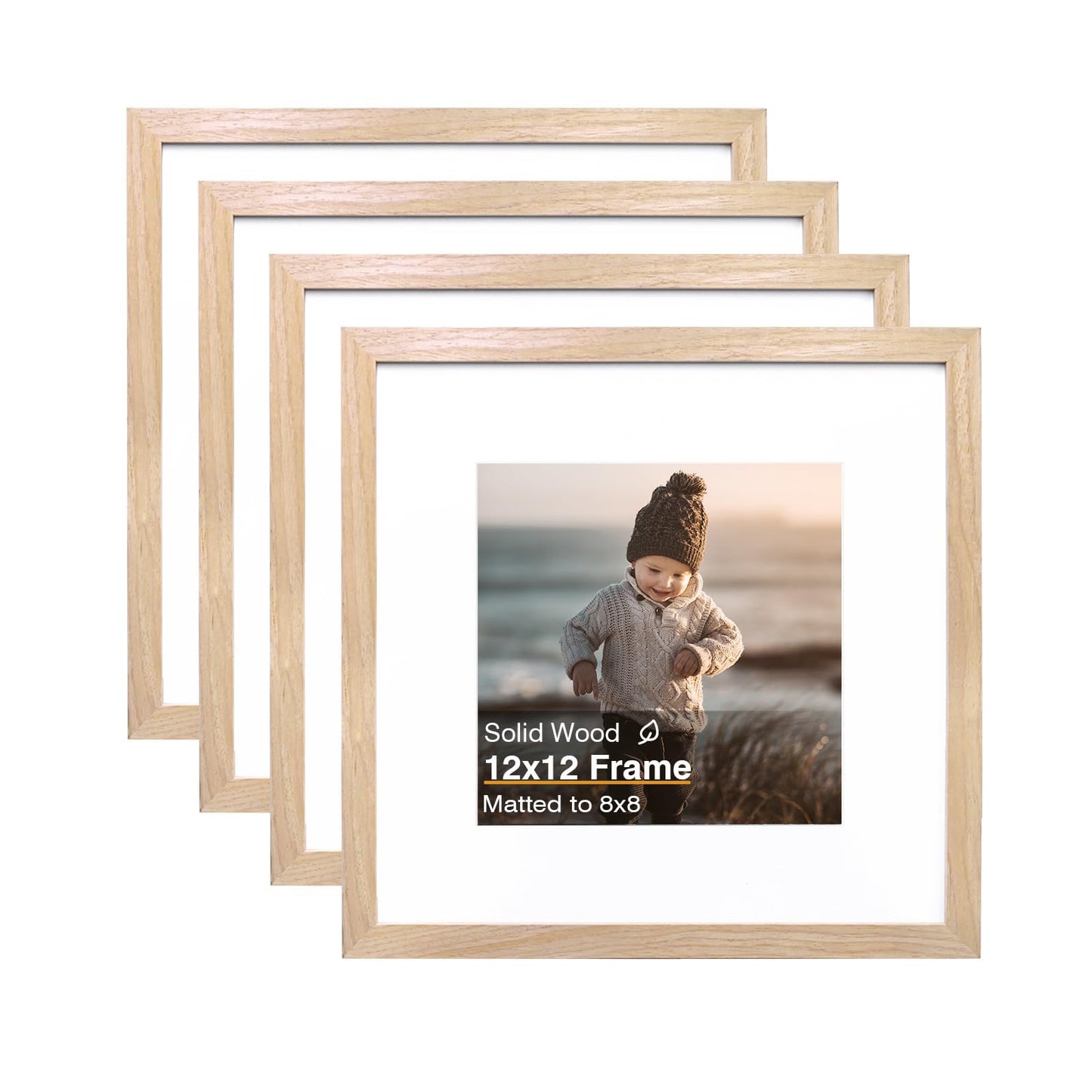 KINLINK 12x12 Picture Frames, 4 Pack Natural Solid Wood Square Frames for Art, 8x8 Matted or 12x12 Frame without Mat, Wall Display Photo Frame