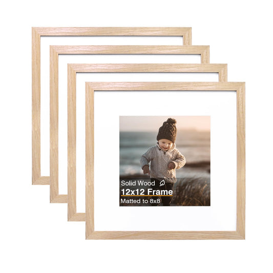 KINLINK 12x12 Picture Frames, 4 Pack Natural Solid Wood Square Frames for Art, 8x8 Matted or 12x12 Frame without Mat, Wall Display Photo Frame