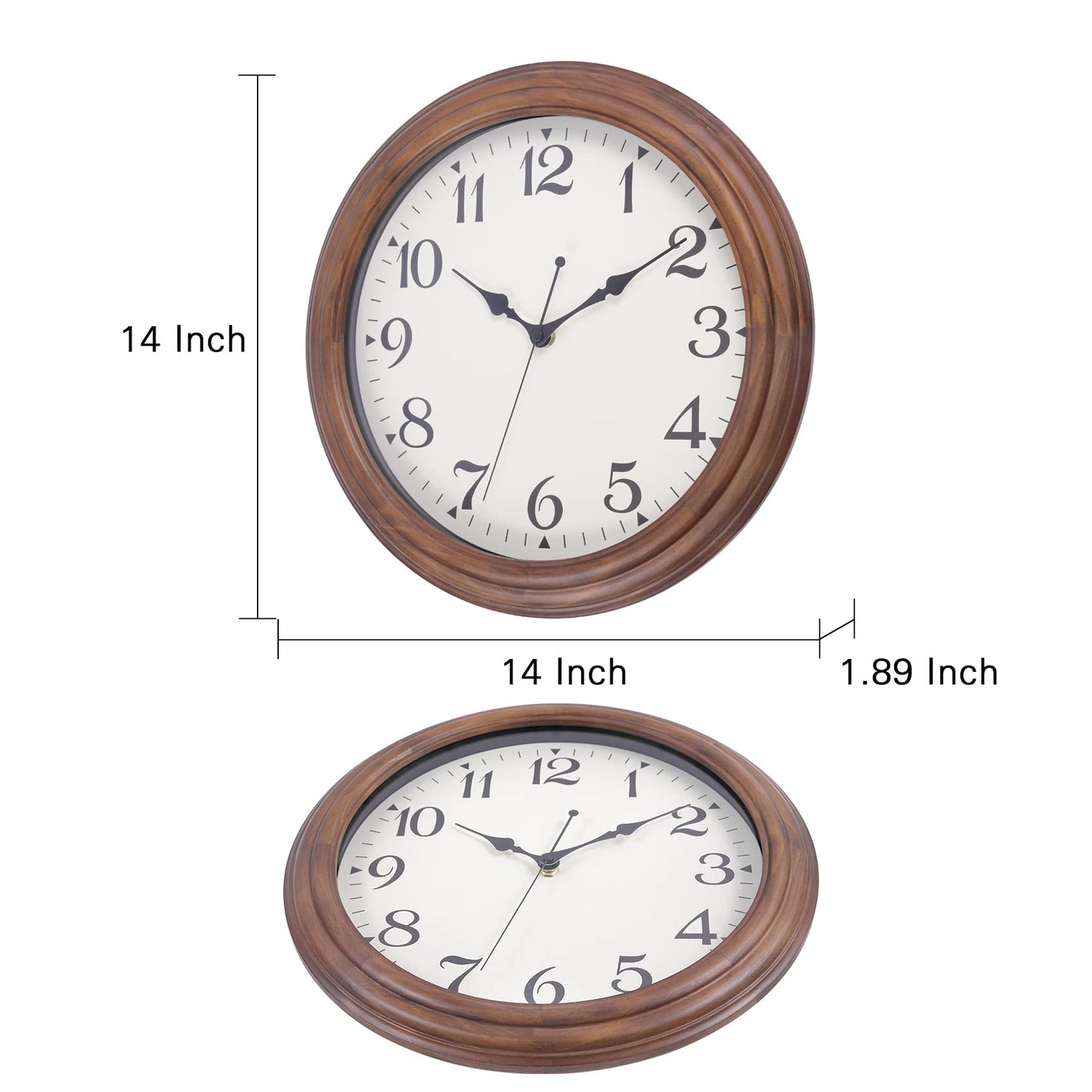Vigorwise 14 Inch Wooden Wall Clock, Retro Wood Wall Clocks Battery Operated, Large Silent Sweep Movement Accurate Wall Clock for Living Room Bedroom