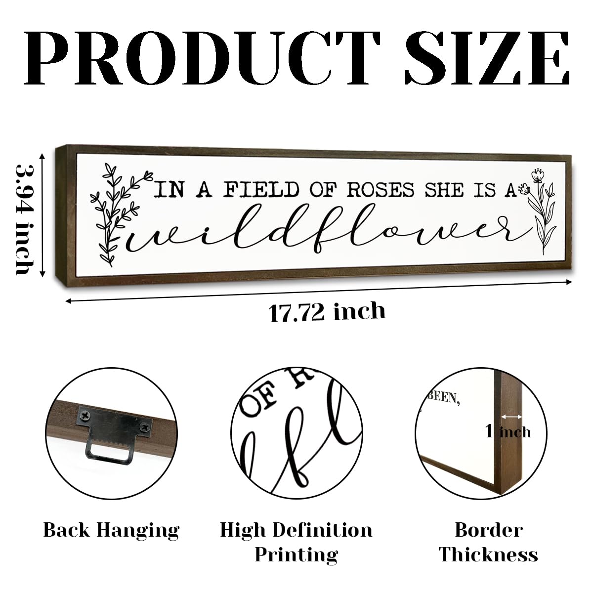 Inspirational Wood Sign, In A Field of Roses She is A Wildflower Sign, Bedroom Decoration for Wall, Girls Room Decor, Floral Home Decor, Decorative Wooden Wall Plaque 17.8x4x1.18 inches