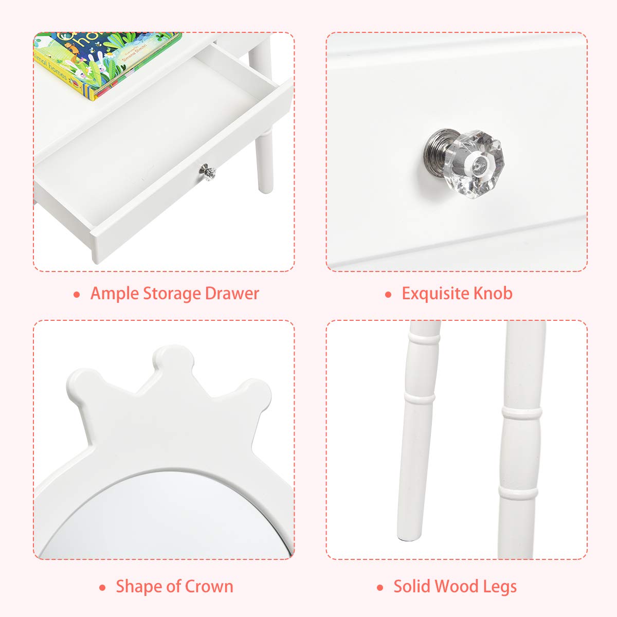 GOFLAME Kids Vanity Set, Princess Dressing Table Set, Wooden Dresser, Little Girls Makeup Table and Stool Set, Pretend Beauty Play Set with Real Mirror, Pull-Out Drawer and Cushioned Stool (White)