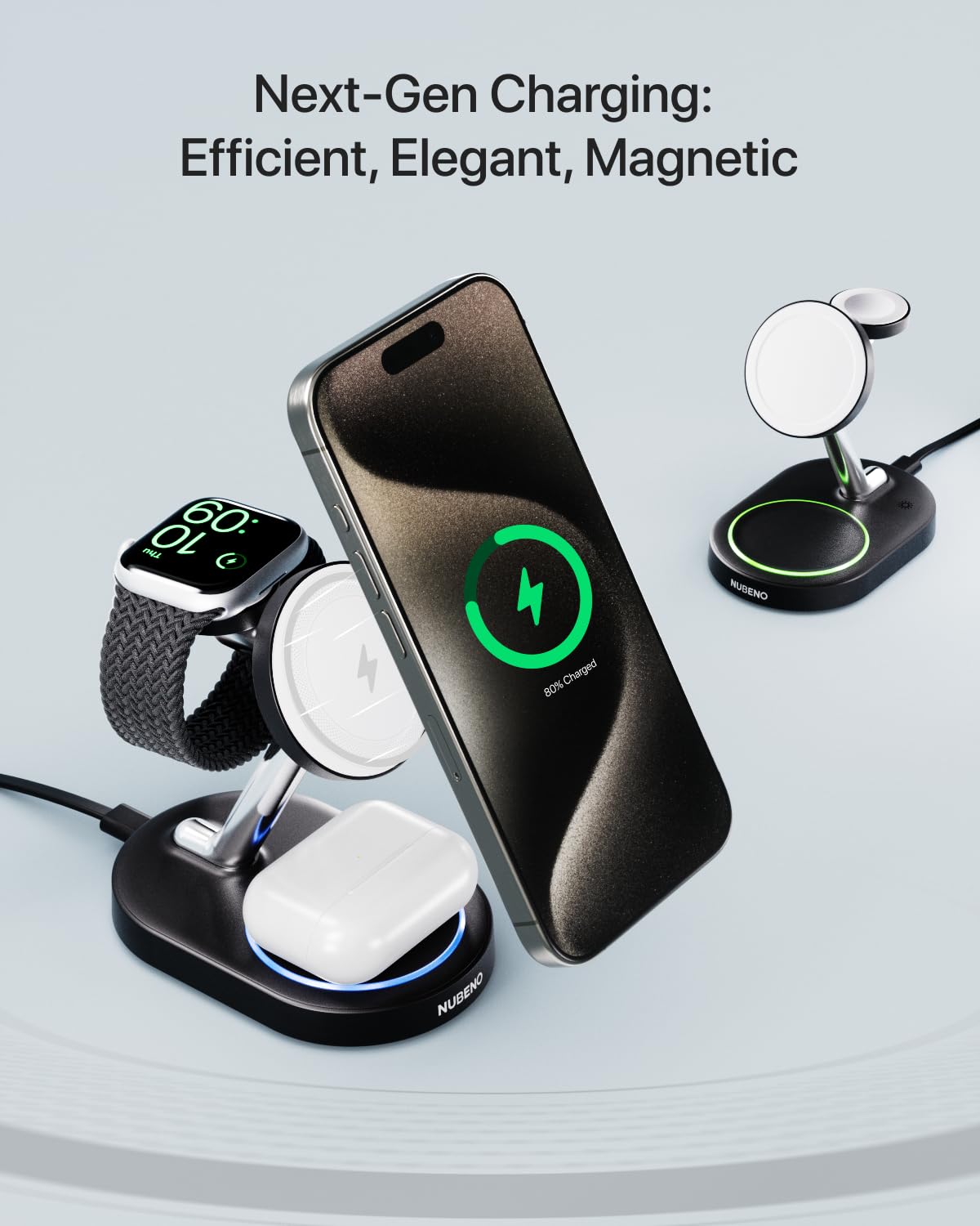 Nubeno Multiple Charging Station for Magsafe Apple Devices, Wireless Charger Station for MagSafe iPhones, 3 in 1 Magnetic Charger Stand for iPhone 17/16/15/14/13/12, Apple Watch & AirPods(Blk)