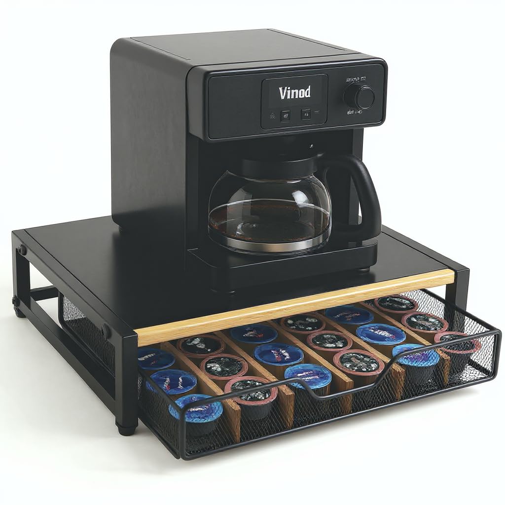 WILDMOS Coffee Pod Drawer,Coffee Station Organizer for Coffee Pod Storage,Movable Solid Wood Partition Board, Counter Coffee Bar Accessories for Nespresso Pods,Cream, Spoon, Sugar（Black)