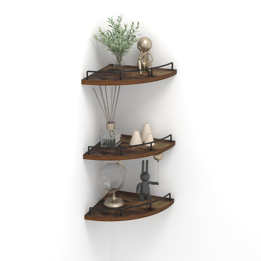 Trwcrt Corner Shelf Wall Mounted Set of 3, Floating Wall Shelves Rustic Wooden Storage Shelves for Bedroom, Living Room, Bathroom, Brown