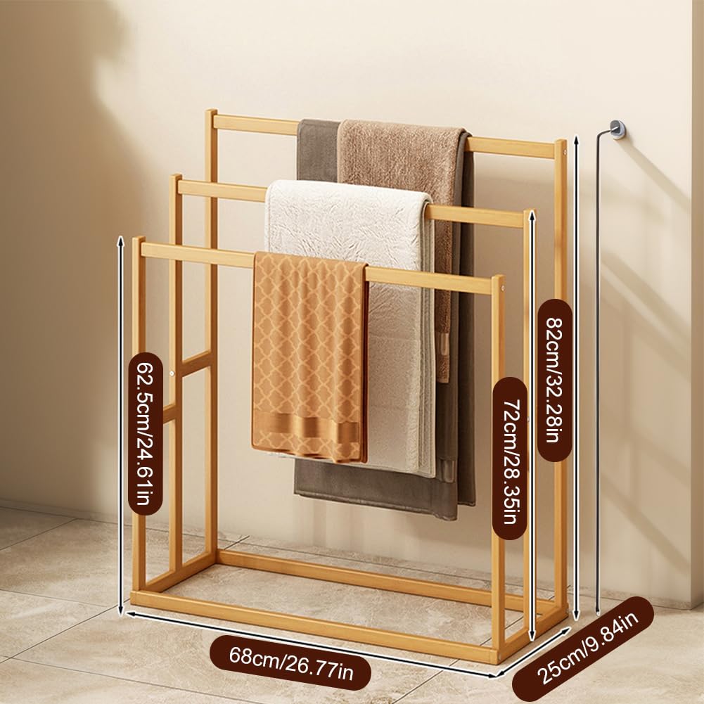 3-Tier Freestanding Towel Rack, Wooden Blanket Ladder with 3 Crossbars & Bottom Shelf, Rustic Brown Storage Stand for Bathroom Living Room Bedroom