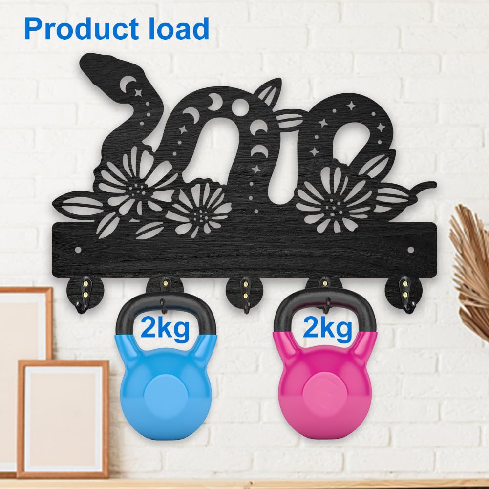 MAYJOYDIY Wooden Snake Moon Phase Key Holder for Wall 11.8x7.8inch Flower Snake Animal Key Rack Magic Animal Key Hanger 5 Alloy Hooks for Entryway Front Door Hallway Wall Art Decoration