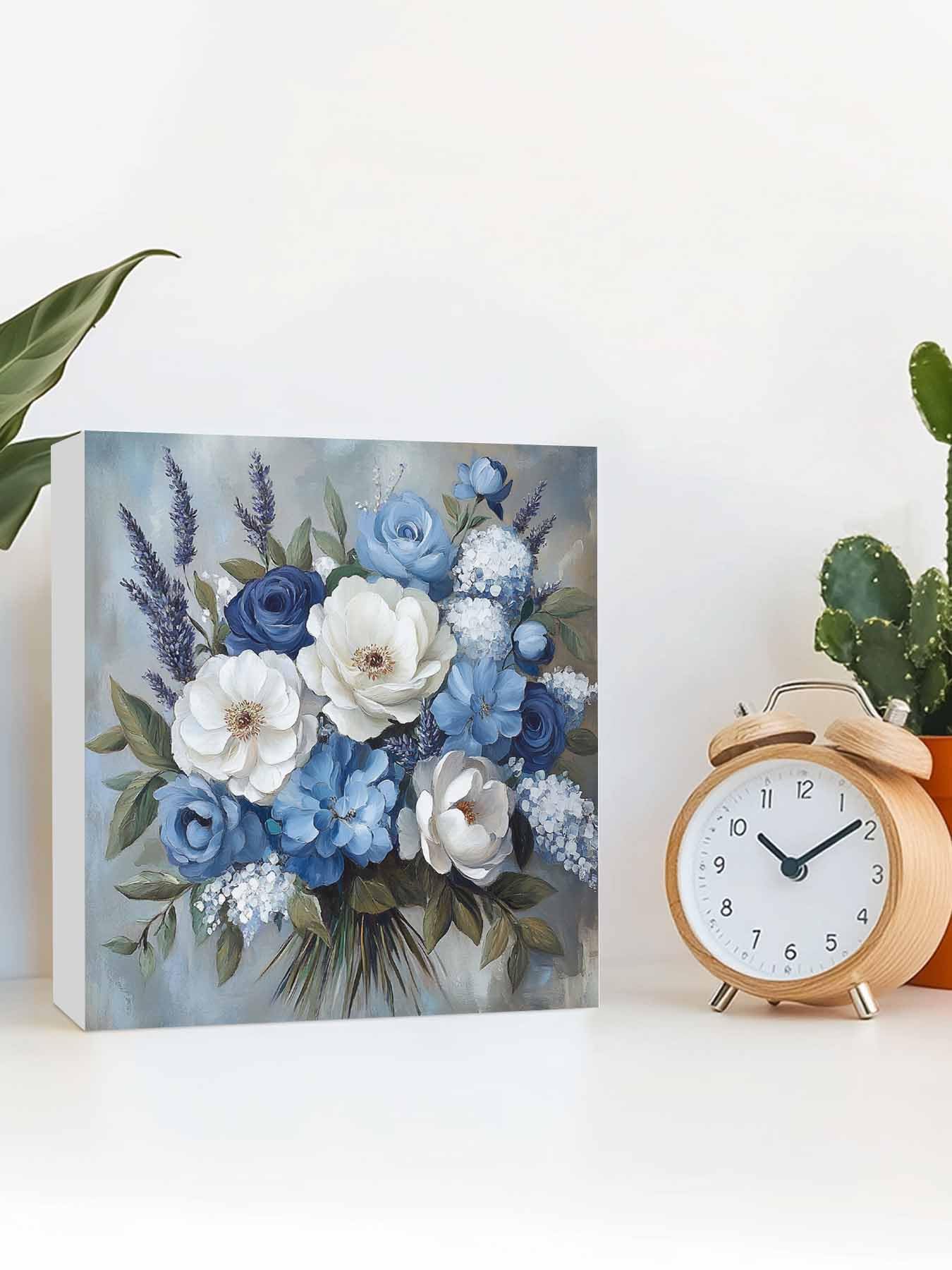 RisQiten Blue Spring Floral Home Room Office Decor Wooden Box Sign, Square Decorative Signs Plaques, Modern Art Flowers Pastoral Desk Decor Wood Block Plaque Shelf Table Decorations Gifts 6"x6"