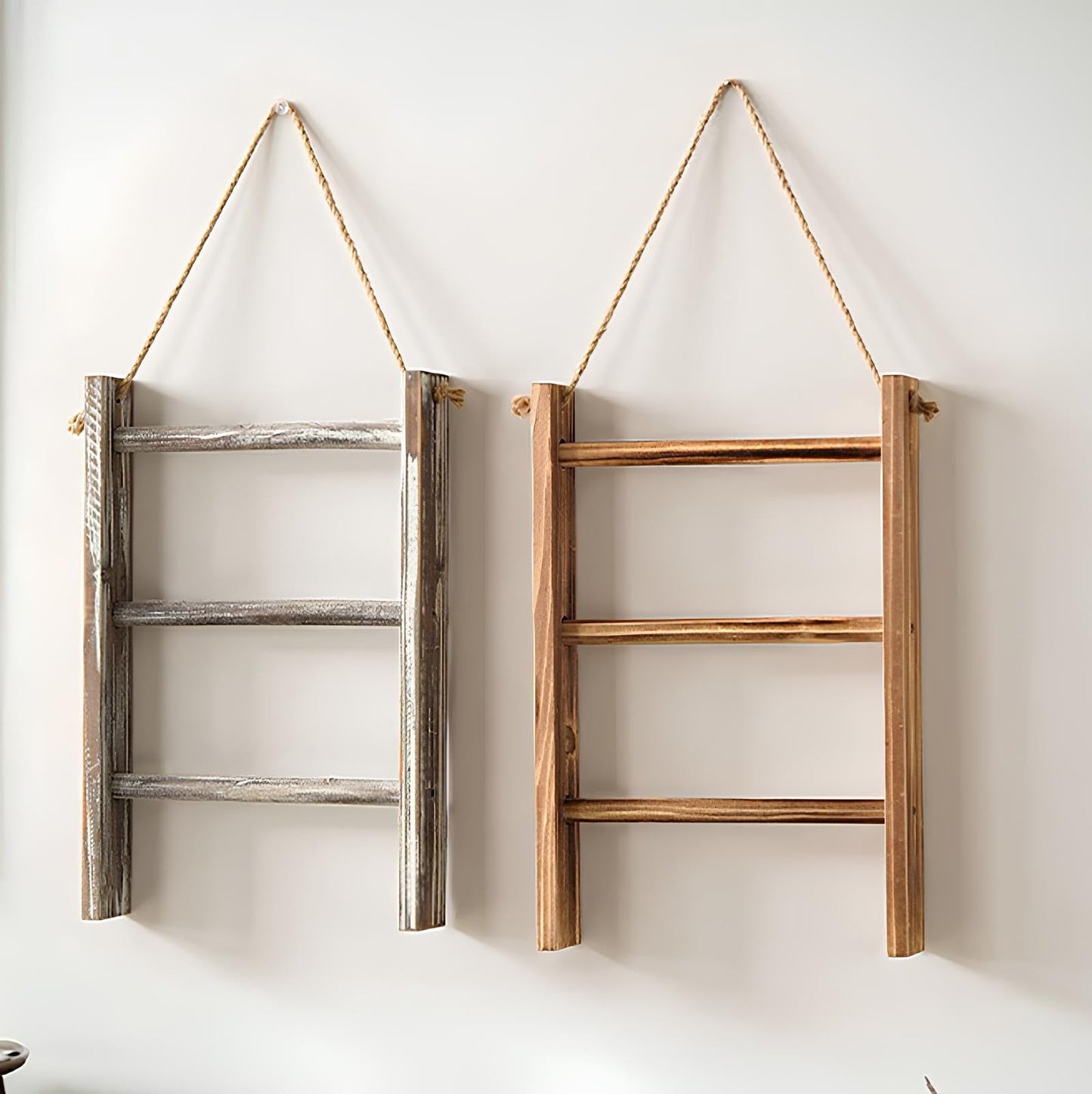 Wooden Old Three-Layer Shelf Bathroom Bathroom Towel Scarf Storage Rack Wall-Mounted Hemp Rope Trapezoidal Hanger Decorative Rack, for Rustic Bathrooms(C)