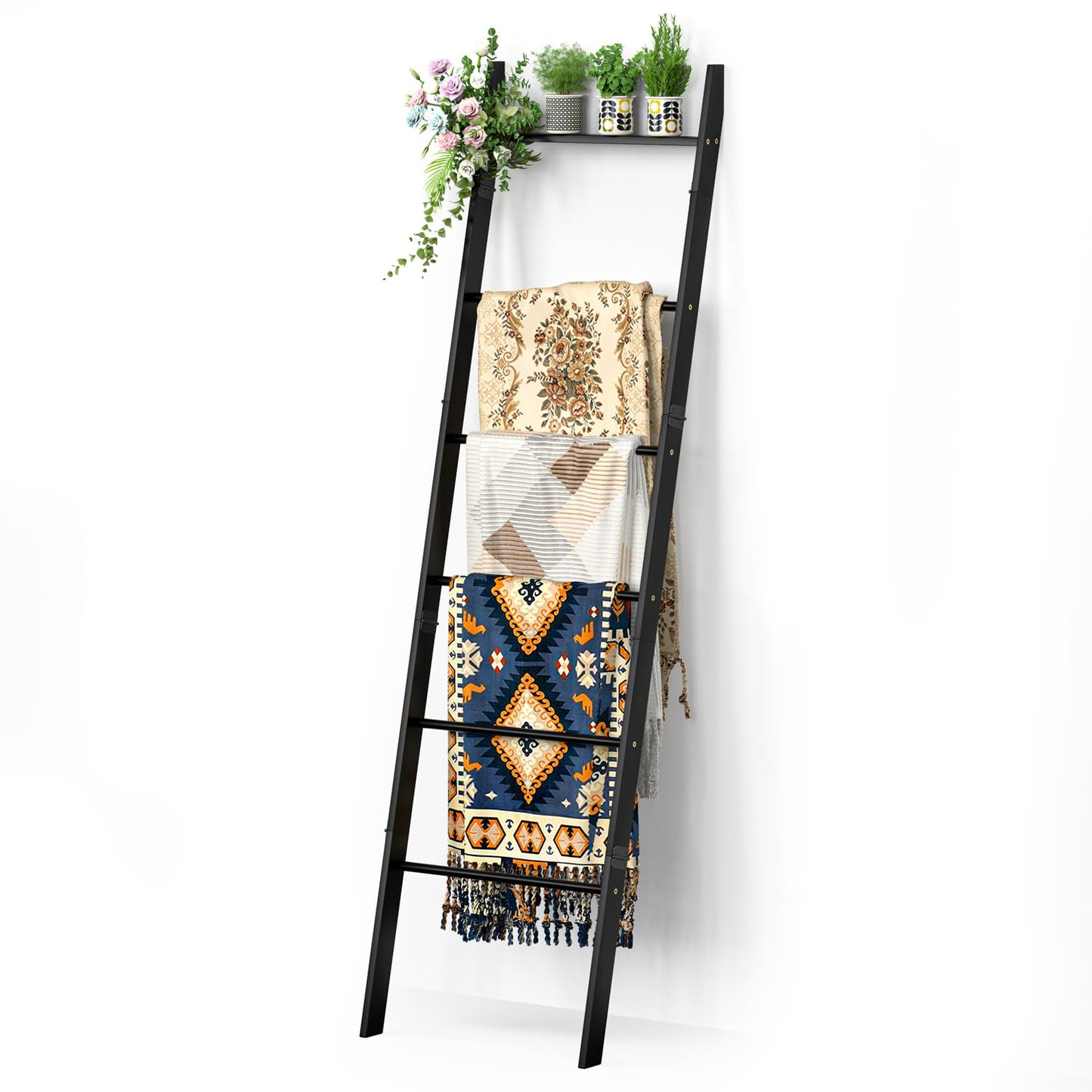BAMBANG 6-Tier Blanket Ladder for Living Room, Blanket Quilt Ladder Rack Rustic Decorative Towel Holder, Wall Leaning Blanket Ladder Shelf Storage Farmhouse Decor for Bedroom Bathroom, Black