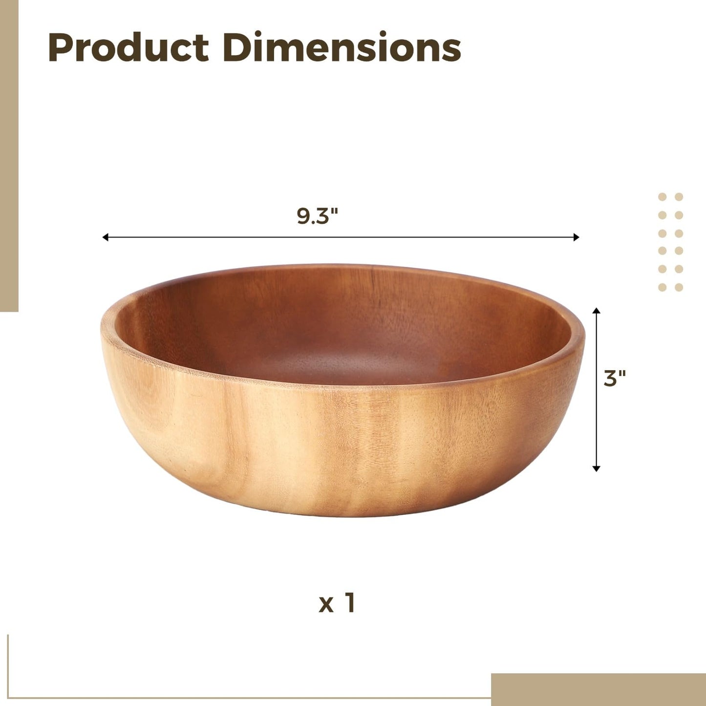 DORMIYA Quality Handcrafted Acacia Wooden Bowl, 9.3 in, Natural Wood Grain & Seamless Design, Food-Safe & Sturdy, Versatile Large Serving/Salad/Snack Bowl for Home, Kitchen