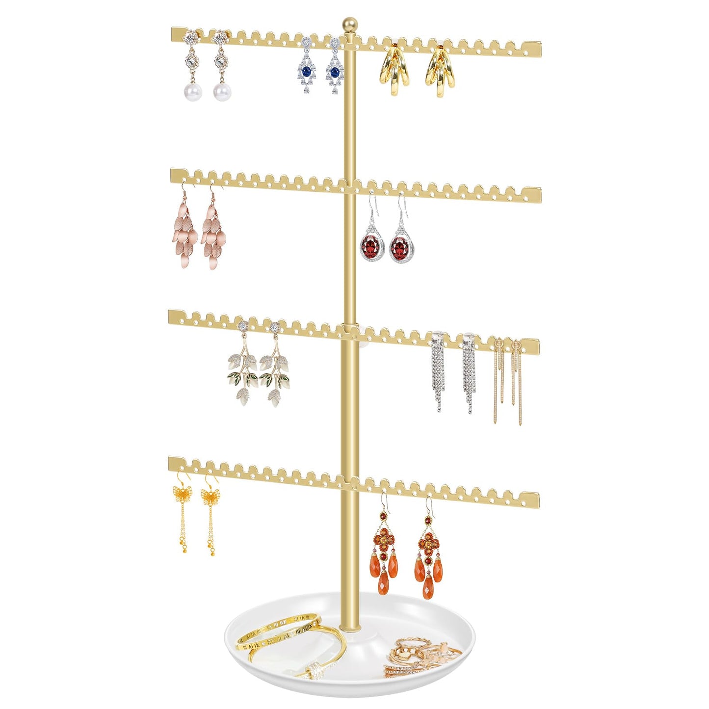 milylove 4-Tier Earring Holder Organizer Stand，Stud Earring Organizers and Storage with Ring Tray, Adjustable Earring Rack Jewelry Display Tree, 96 Holes and 88 Grooves for Earrings for Women Girls