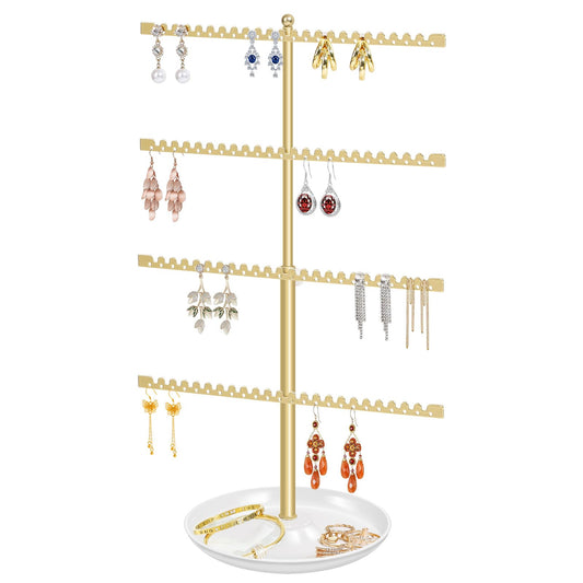 milylove 4-Tier Earring Holder Organizer Stand，Stud Earring Organizers and Storage with Ring Tray, Adjustable Earring Rack Jewelry Display Tree, 96 Holes and 88 Grooves for Earrings for Women Girls
